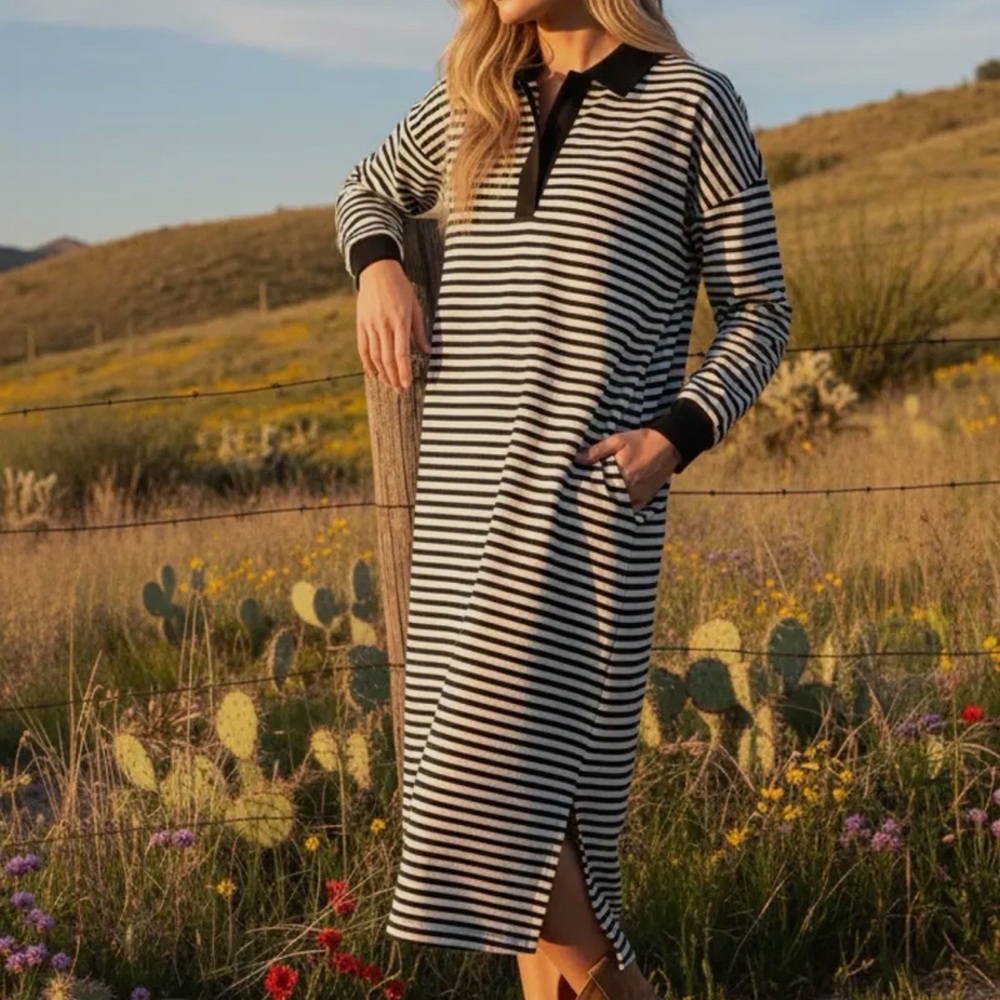 Striped Black and White Long Sleeve Dress with pockets